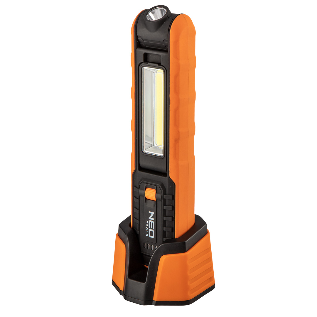TOP-99-065--Lampa warsztatowa akumulatorowa 500 lm, COB LED, baza ładująca, ładowarka 230V, 5W+1W, SMD LED, 2 w 1 lampa + latarka, ruchoma głowica z latarką, ruchoma głowica z lampą, wskaźnik naładowania baterii, hak, magnes, ściemnianie światła, IP 20, akumulat