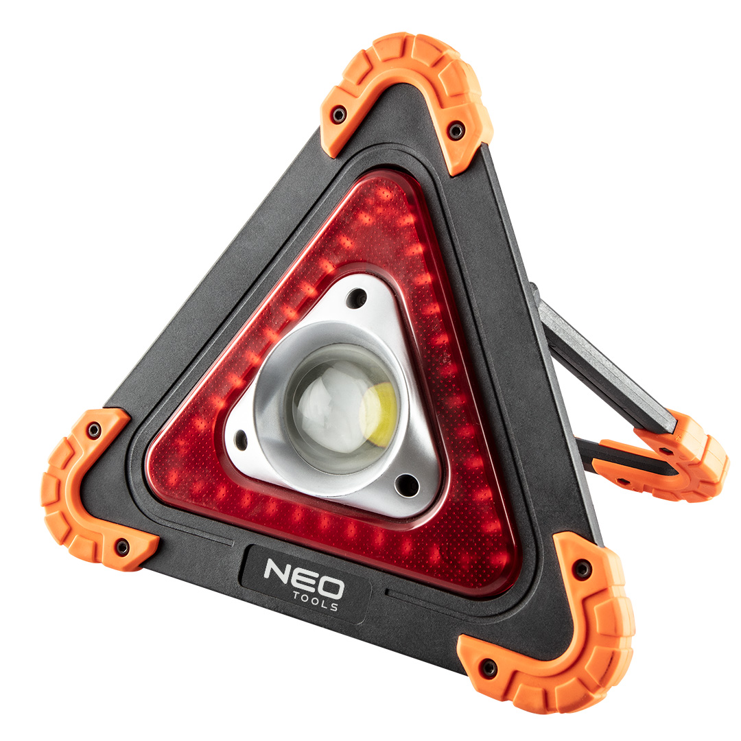 TOP-99-076--Lampa bateryjna + trójkąt ostrzegawczy 2 w 1, 800lm, 10W, COB LED, korpus nylon+TPR, zabezpieczone gumą rogi, ruchome podparcie, zasilanie 4xAA (brak w zestawie), rozmiar 22x220x45mm, 3 funcje świecenia 100% białe światło, 50% białe światło, czerwony