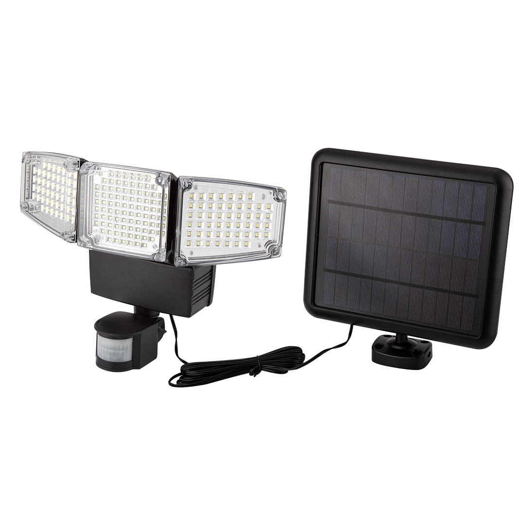 TOP-99-089--Lampa solarna ścienna potrójna LED, 1000 lm, 10W, czujnik ruchu 10m/100 stopni, czujnik zmierzchu, 5m przewodu, panel solarny, IP65, materiał korpusu ABS+PC, czas ładowania 6-8h, czas pracy 6h, 2 funkcje świecenia świecenie stałe, świecenie na czujni