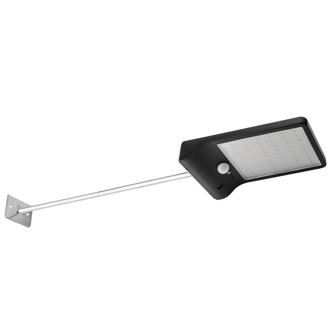 TOP-99-090--Lampa solarna uliczna SMD LED, pilot, zasięg pilota 5m, 450 lm, 5W, 3 funkcje świecenia, akumulator li-ion 3.7V 2000mAh, czujnik zmierzchu, materiał korpusu ABS+PC i materiał uchwytu to metal, czujnik ruchu 3-5 m/100 stopni, czas pracy 6h, czas ładow