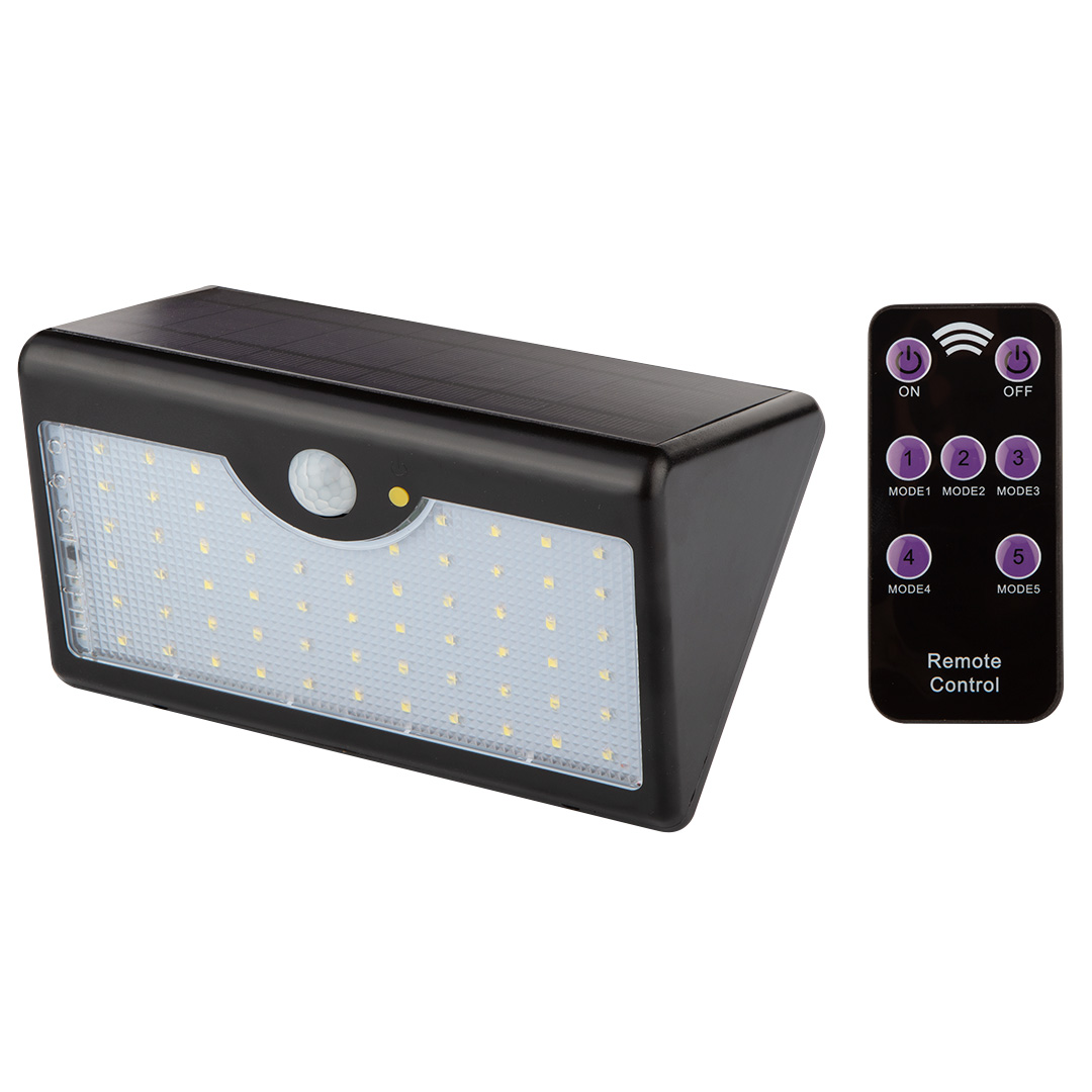 TOP-99-091--Lampa solarna ścienna 900lm, 10W, pilot, zasięg pilota 5m, SMD LED, czujnik zmierzchu, 5 funkcje świecenia, akumulator LiFeP04  3.7V 5000mAh, czas ładowania 6-8h, czas pracy 6h, czujni ruchu 12m/100 stopni, 6000 K, IP65, materiał ABS+PC, panel solarn