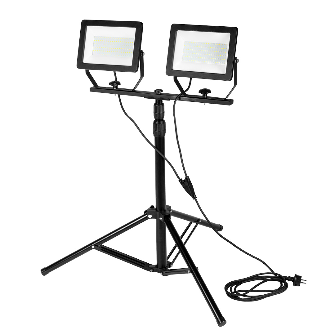 TOP-99-096--Reflektor podwójny NEO moc 2 x 100W, 2 x 8500 lumenów, 230V 50Hz, SMD LED, wyłącznik on/off, możliwość pracy na 1 lampie, czas pracy 25 000h, 6500K, aluminiowy korpus, IP65, CRI Ra  80, kąt świecenia 110 stopni, ON/OFF  15 000 cykli, przewód z wtyczk