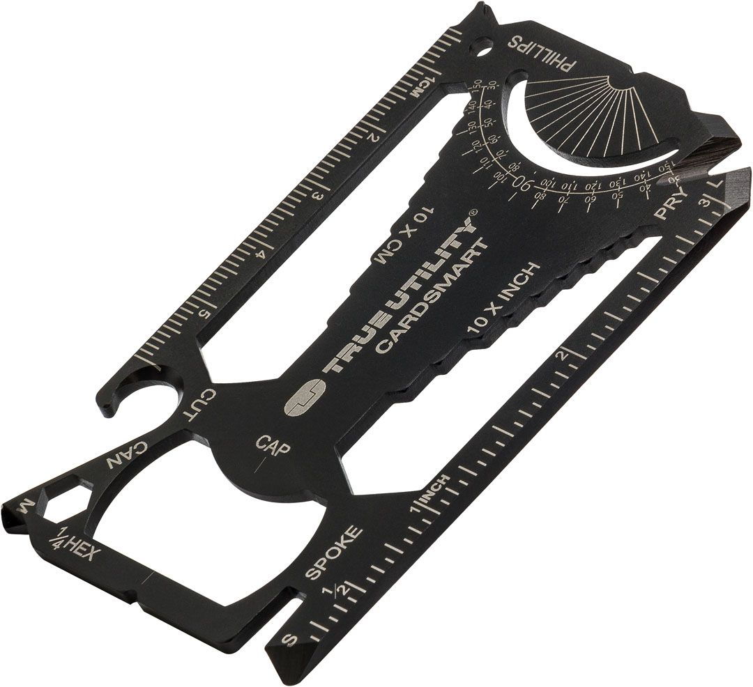 TOP-TU207--True Utility Zestaw CardSmart, 30w1, czarny, stal nierdzewna (420) powlekana czarnym tytanem, w zestawie: wkrętak krzyżakowy, 3 płaskie wkrętaky, 20 kluczy płaskich (calowe i metryczne, klucz do szprych rowerowych, mini łom, otwieracz do puszek, otwi