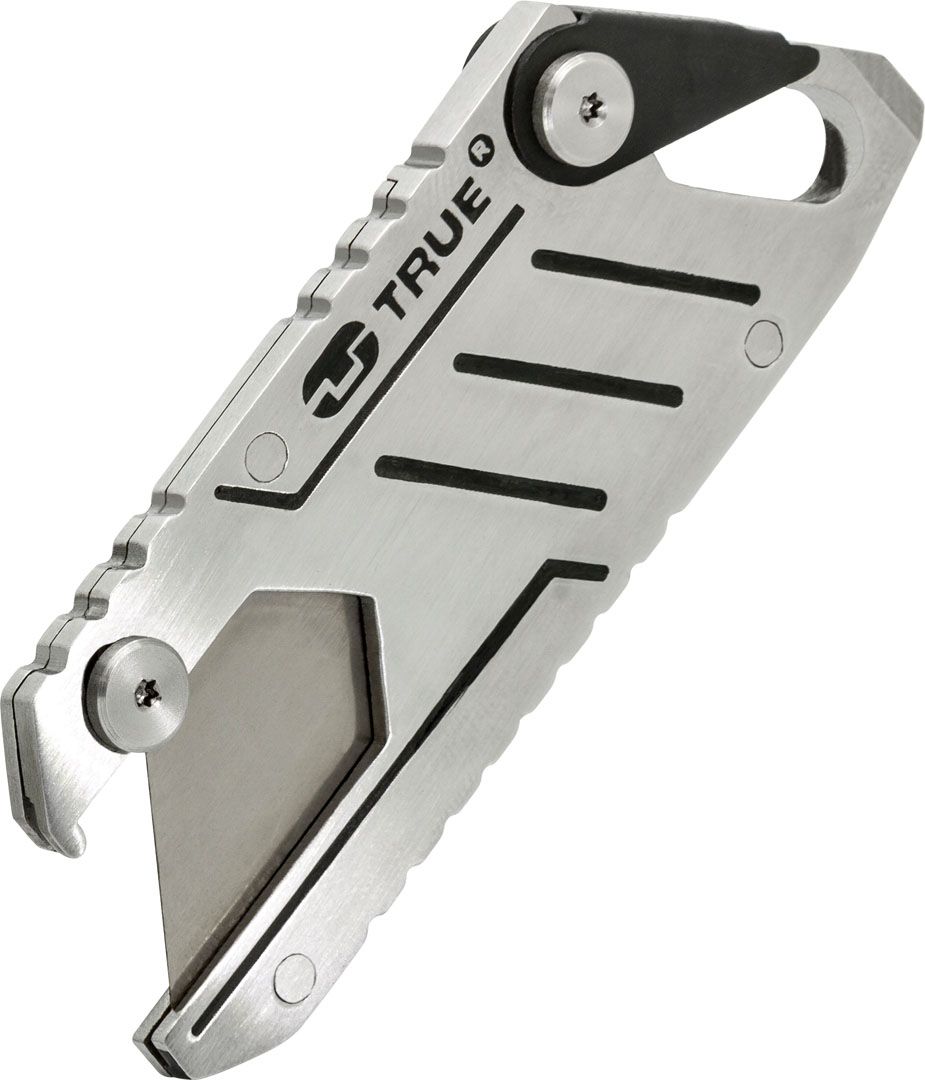 TOP-TU583--True Utility Wielofunkcyjny nóż BoxCutter, srebrny, stal nierdzewna (420), zapięcie powlekane czarnym tytanem, w zestawie: nóż do kartonu, wkrętak płaski, otwieracz do butelek.