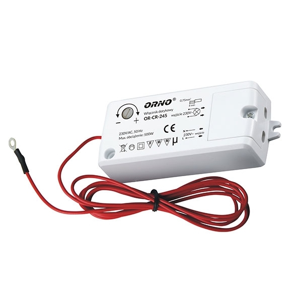 OR-CR-245--Urządzenie służy do dotykowego załączania i wyłączania oświetlenia żarowego i LED-owego. Wyposażony jest w sensor z przewodem o długości 1,5 m, który daje możliwość podłączenia go np. do klamek, listew i innych elementów przewodzących. Urządzenie do 