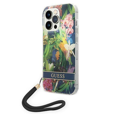 3666339093976--GUESS Hardcase Flower Strap GUOHCP14LHFLSB Back Cover, Apple, iPhone 14 Pro, Blue, 6.1 "