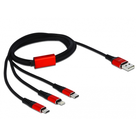 85892--Delock USB-A to Micro USB, Lightning, USB-C 1 m, Black/Red