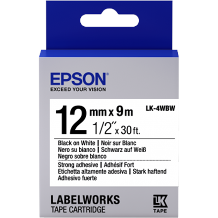 C53S654016--Epson Label Cartridge Strong Adhesive Black/White 12mm (9m) LK-4WBW