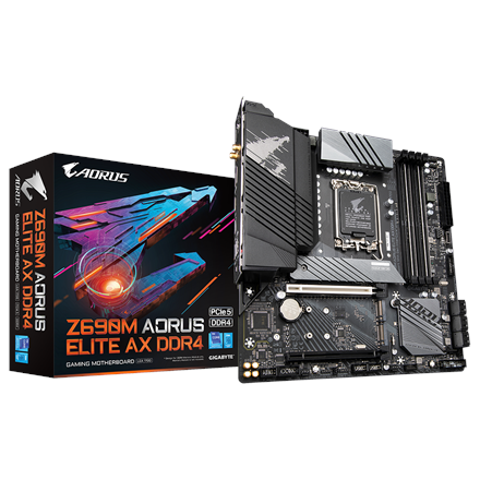 Z690M A ELITE AX DDR4--Gigabyte Z690M A ELITE AX DDR4 1.0 M/B Processor family Intel, Processor socket LGA1700, DDR4 DIMM, Memory slots 4, Supported hard disk drive interfaces 	SATA, M.2, Number of SATA connectors 6, Chipset Intel Z690, Micro ATX
