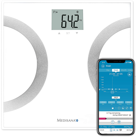 40441--Medisana Body Analysis Scales 445 connect Memory function, Body fat analysis, Body water percentage, Maximum weight (capacity) 180 kg, Bone mass analysis, Body Mass Index (BMI) measuring