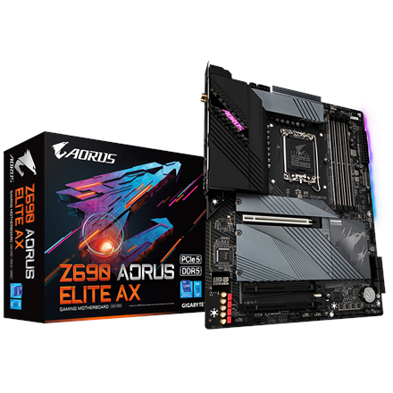 Z690 AORUS ELITE AX--Gigabyte Z690 AORUS ELITE AX 1.0 M/B Processor family Intel, Processor socket LGA1700, DDR5 DIMM, Memory slots 4, Supported hard disk drive interfaces 	SATA, M.2, Number of SATA connectors 6, Chipset Intel Z690 Express, ATX